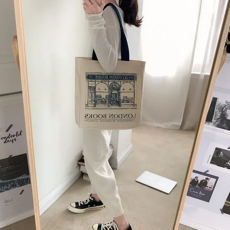 femmes toile sac à bandoulière londres livres imprimer dames sac à main décontracté sac fourre-tout réutilisable grande capacité coton shopping sac de plage