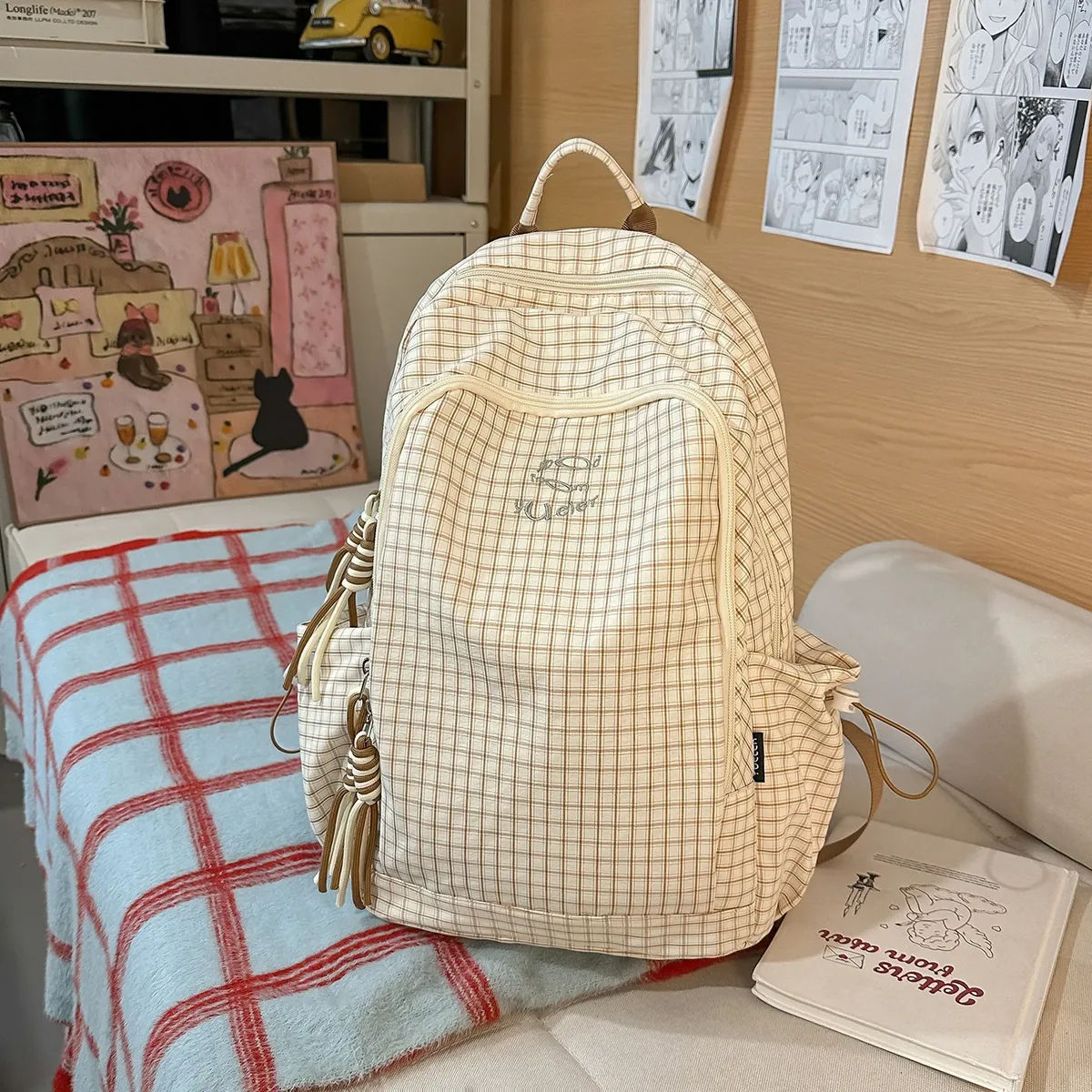 sac à dos coréen à carreaux avec cordon de serrage, grande capacité, pour étudiants et navetteurs, en nylon léger, sac à livres décontracté en forme de seau avec fermeture éclair, couleur foncée