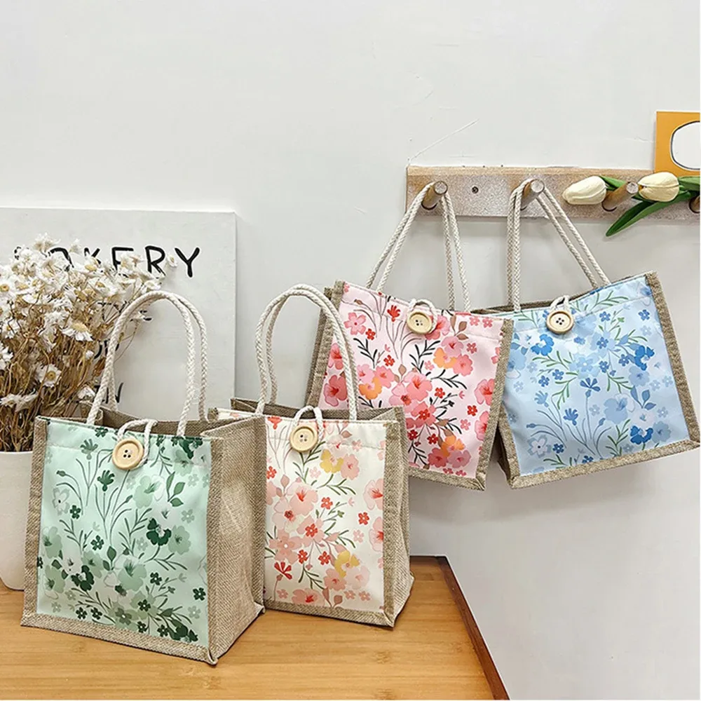 sac fourre-tout en lin avec fermoir à bouton, sac à lunch en poudre, sac fourre-tout, sac à main à bento, impression de fleurs mignonnes, sac à bento alimentaire pour pique-nique