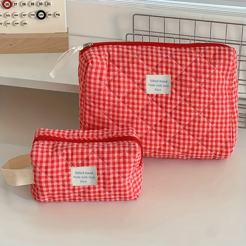 Trousse de maquillage à carreaux, sac à cosmétiques Portable de grande capacité pour femmes et filles, trousse de toilette de soins de la peau, pochette portefeuille multifonctionnelle mignonne