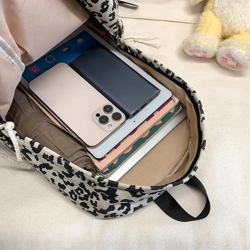 sac à dos à motif imprimé léopard en velours côtelé pour adolescents, sac d'école grande capacité, sac à dos décontracté pour ordinateur portable, sac de voyage, sac à dos pour livres