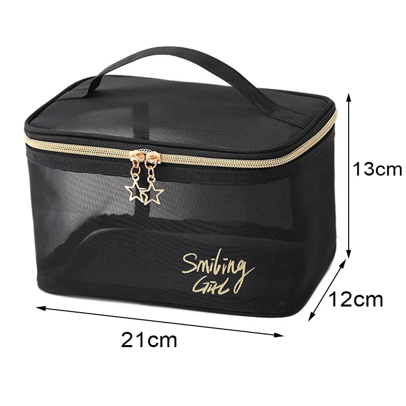 trousse de maquillage en maille noire de grande capacité, pochette de rangement, trousse de toilette décontractée à fermeture éclair, trousse de maquillage pour femmes, sac à cosmétiques de voyage