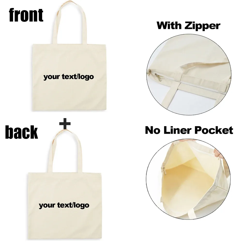 sacs en toile réutilisables pour femmes, sacoches personnalisées avec fermeture éclair, fourre-tout de shopping, à la mode, noir, blanc, beige