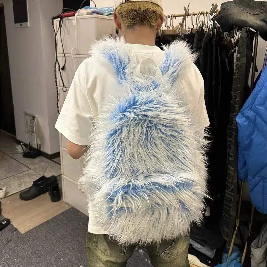 2025 fashion ice blue pink faux fur backpack men women kawaii cute fluffy school bag outdoor tarvel laptop bag