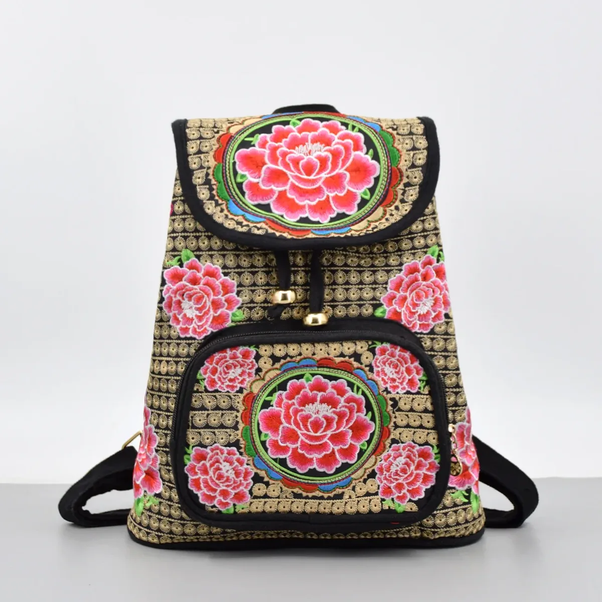 sac à dos vintage en toile brodée florale, sac à dos ethnique décontracté pour filles avec plusieurs poches, cartable à rabat, sac de voyage pour dames