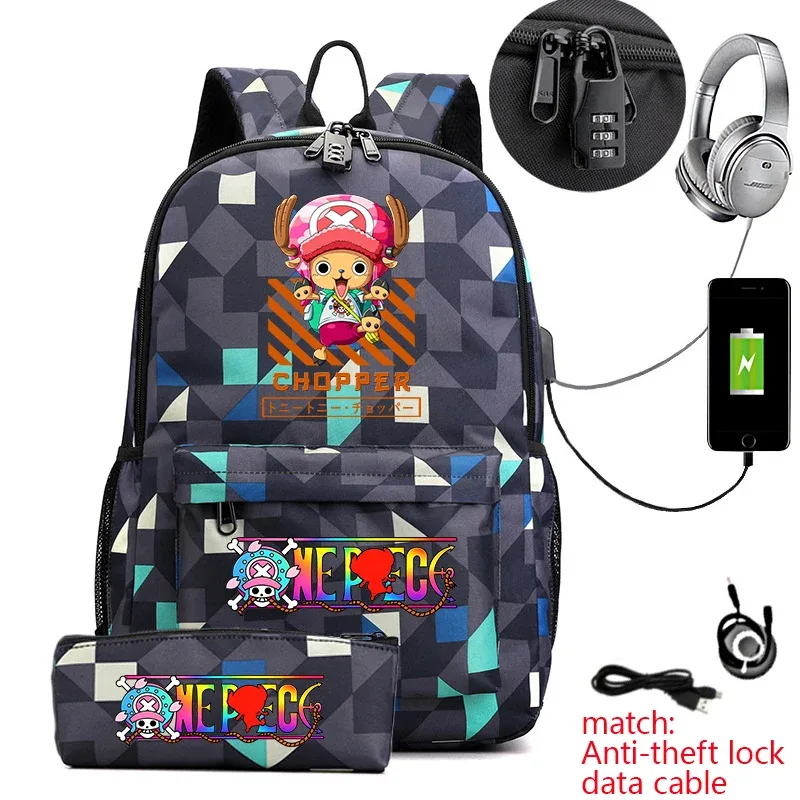 sac à dos antivol pour étudiants avec imprimé tony chopper, avec trousse à crayons, sac à dos décontracté pour garçons, filles et adolescents