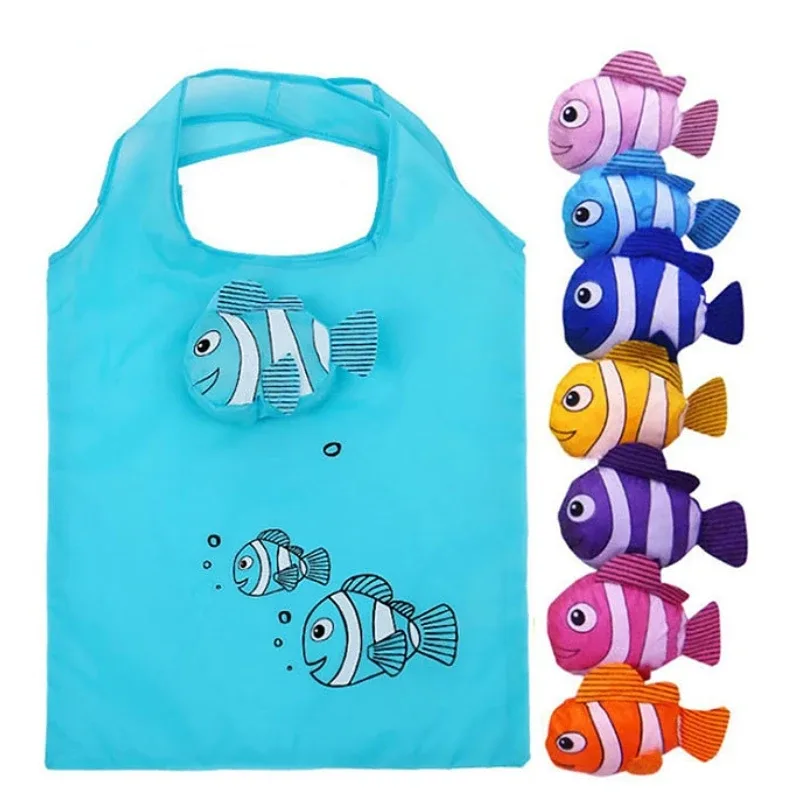 Sac fourre-tout pliable de grande capacité, sac de rangement pliable, sac à main portable, sac à provisions réutilisable, dessin animé mignon, poisson clown, nylon