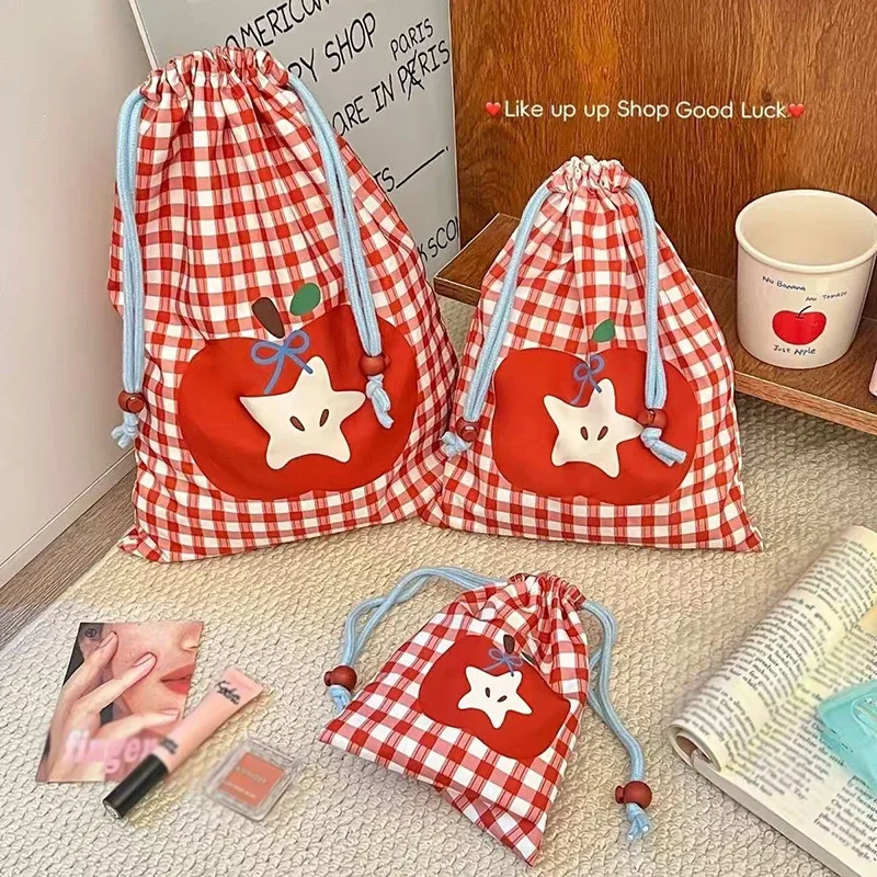 sac de rangement mignon à cordon de serrage, grande capacité, motif écossais rouge, organisateur de voyage pour vêtements et cosmétiques, pochette portable en tissu avec porte-clés apple