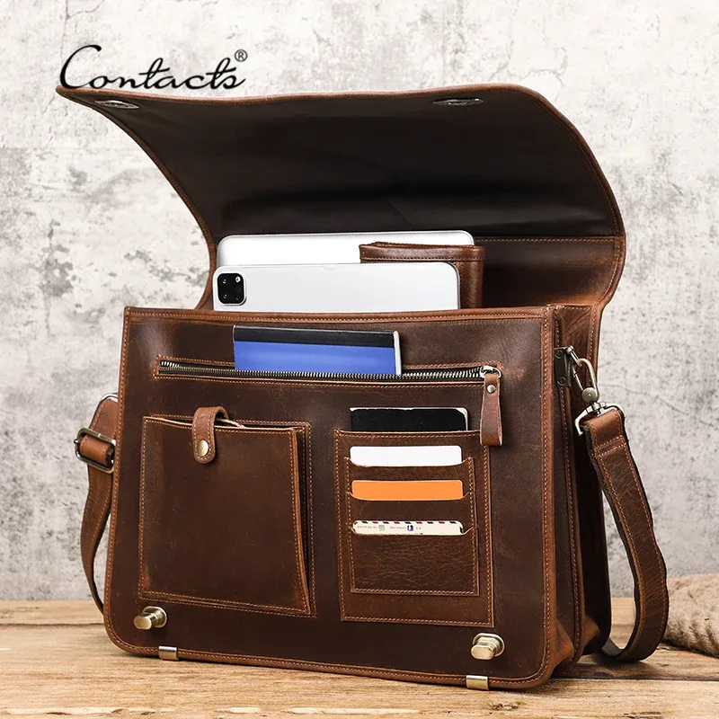 contact's-sac à main en cuir pour hommes d'affaires, sacoche à rabat de marque de luxe, fourre-tout de 15.6 pouces