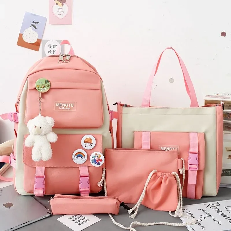 5 pièces kit sac à dos femme mode dame haute capacité étanche collège à la mode filles sacs d'école pour ordinateur portable mignon fille voyage livre sac