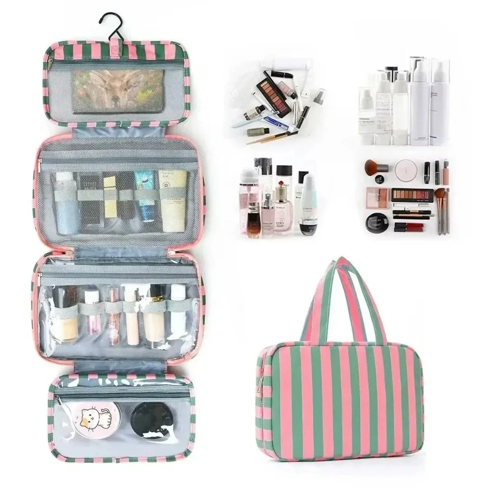 sac de toilette de voyage portable suspendu, pliable en 4, avec crochet, organisateur de cosmétiques, grande capacité, sac de cosmétiques rayé, pour l'extérieur