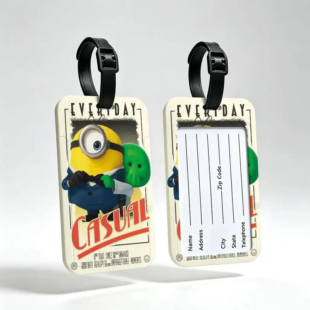 étiquette de bagage de voyage m-minions amusante et mignonne, couverture de carte d'information en pvc, marqueur de nom anti-perte pour sac à dos.