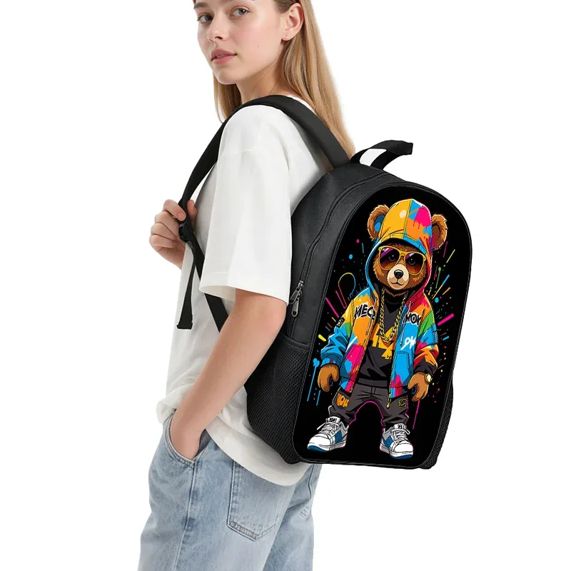 sac à dos cool avec imprimé graphique d'ours de dessin animé pour femmes et hommes, sac à dos hip hop, sacs d'école pour adolescents, sac à dos pour ordinateur portable, sac à livres