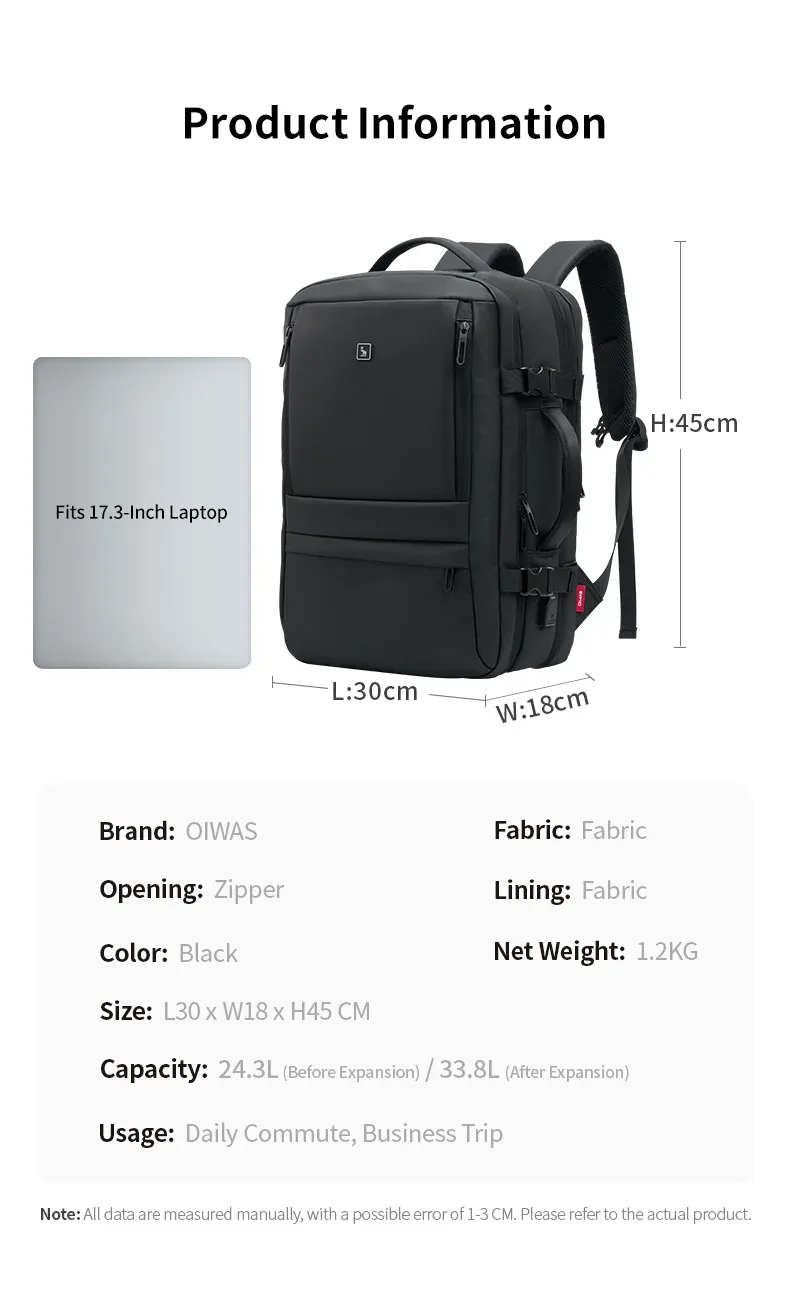 sac à dos pour bagages à main oiwas, 45x30x18 cm, peut accueillir un ordinateur portable, avec plusieurs poches et une couche extensible