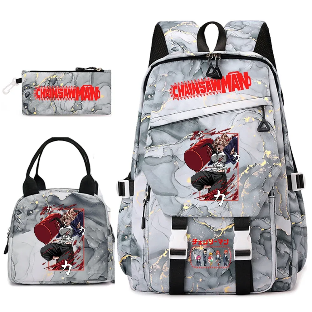 ensemble de sacs à dos pour étudiantes avec imprimé chainsaw man anime, pour filles, avec sac à lunch et trousse à crayons, pour une utilisation quotidienne à l'école