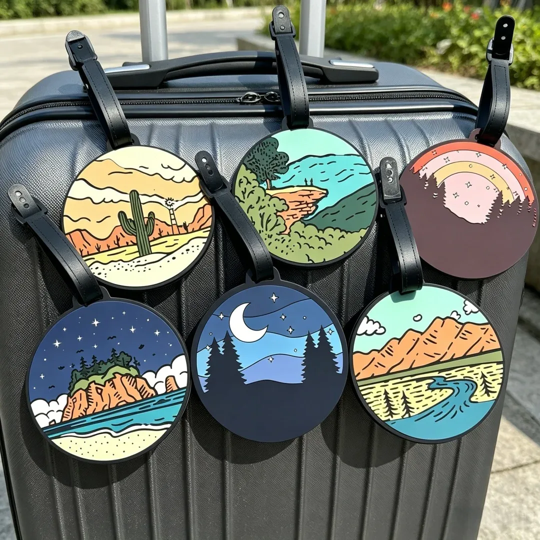 étiquette de bagage en caoutchouc souple de la série paysages naturels circulaires, un élément de voyage magnifique pour les amateurs de plein air, les voyageurs et les navetteurs