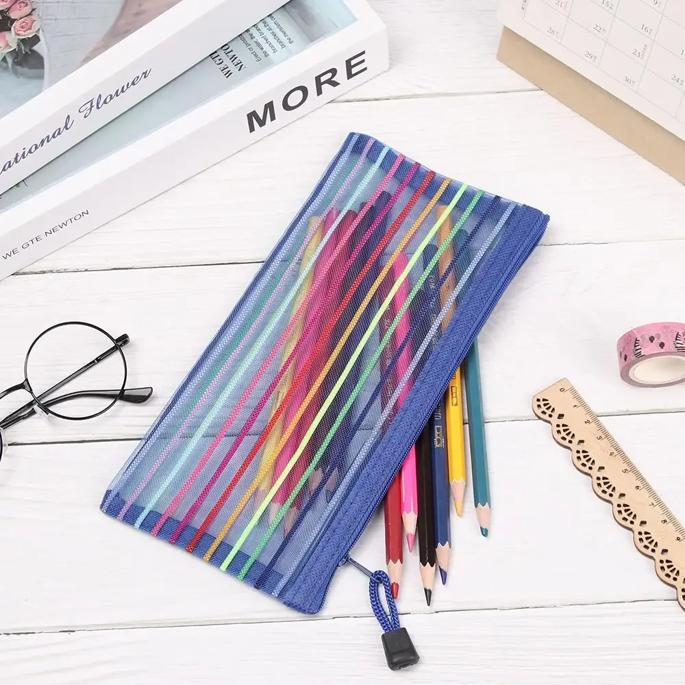 1 pièce Trousse de rangement en nylon tendance, couleur arc-en-ciel, avec fermeture éclair, pour maquillage, stylos et cosmétiques, à motif quadrillé