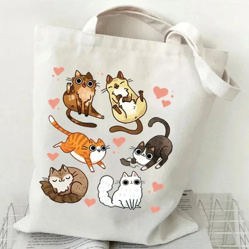sac à main pour femme avec imprimé de chat de dessin animé, pliable, réutilisable, style harajuku, sac fourre-tout pour étudiants, sac de shopping en toile
