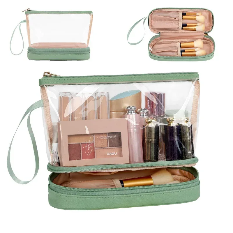 trousse de maquillage transparente multifonctionnelle, double couche, rangement de grande capacité, sac de voyage portable