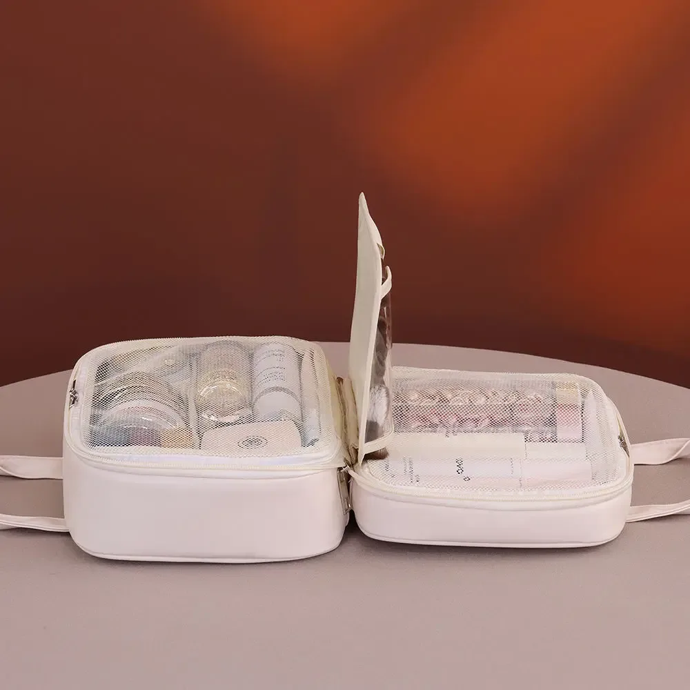 sac de rangement de cosmétiques à deux étages, espace de rangement surdimensionné avec poignées et plusieurs poches, trousse de toilette en matériau pu