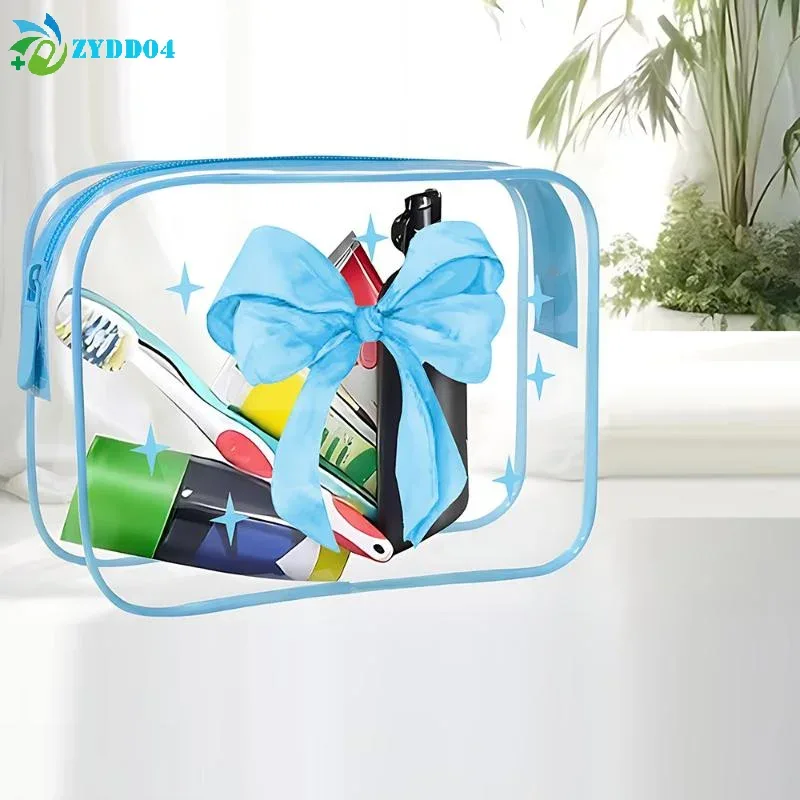 ● 1pcs pochette en nylon pvc imperméable à imprimé nœud mignon, sac à maquillage transparent, pochette zippée pour articles de toilette, sacs cosmétiques