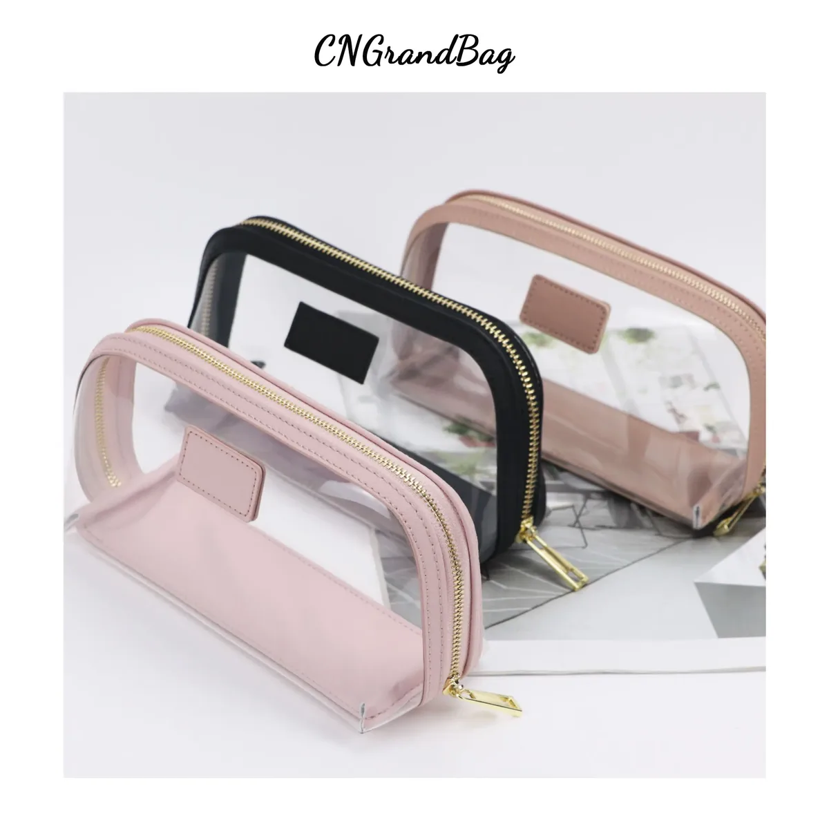 ensemble de sacs à cosmétiques de voyage en cuir véritable personnalisé, sac de rangement étanche pour pinceaux de maquillage, sac à cosmétiques portable transparent en pvc tpu