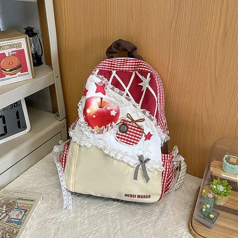 sac à dos kawaii à imprimé pomme et dentelle à volants pour femme, sac d'école à carreaux, sac à dos décontracté lolita pour étudiante, idéal pour les voyages quotidiens
