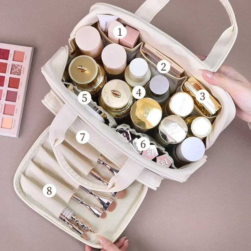 sac de maquillage de rangement portable multifonctionnel pour femmes, sac de rangement de toilette de voyage de grande capacité, nouveau sac à cosmétiques en cuir pu