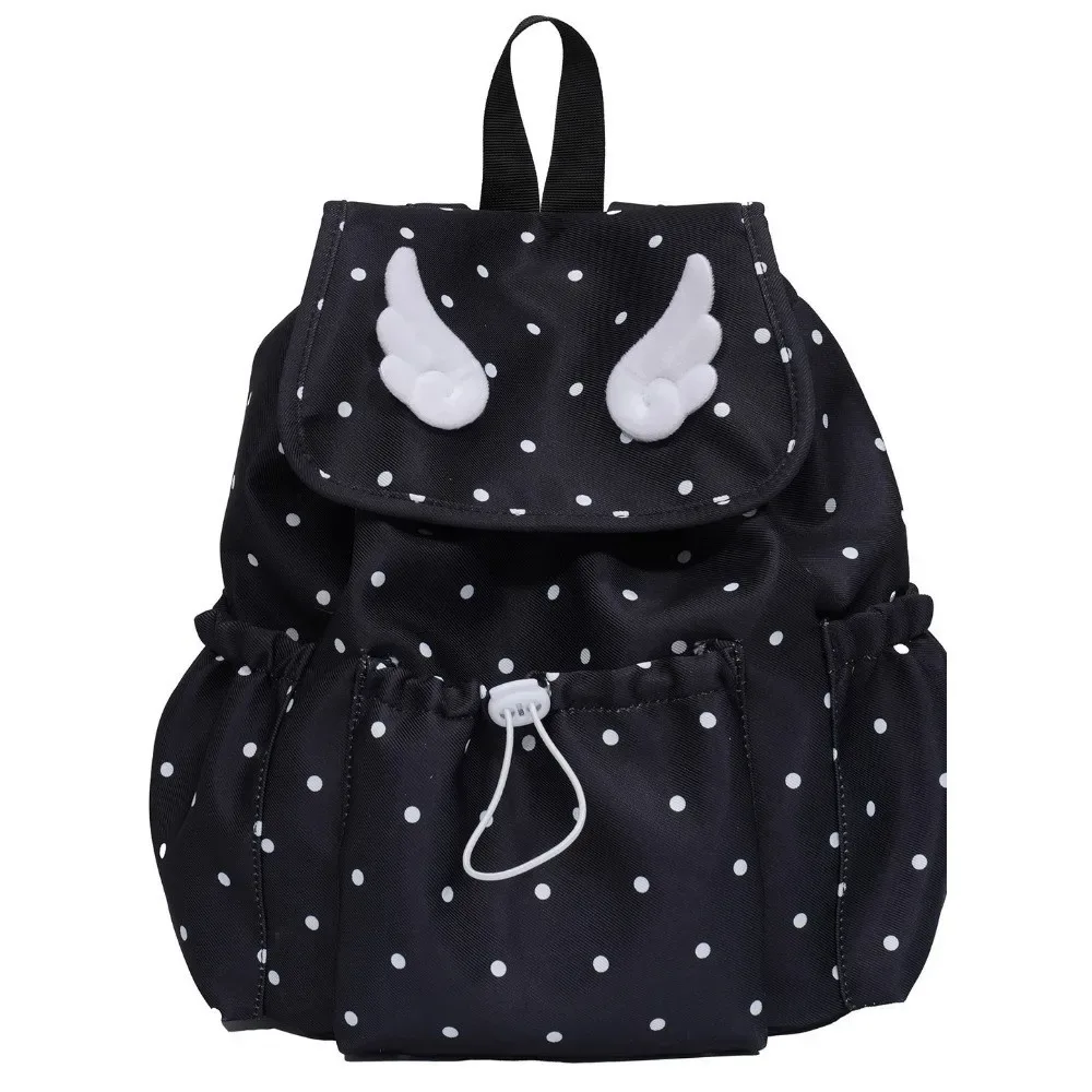 Sac à dos à cordon de serrage imprimé à pois, fermeture à cordon, design à rabat, sac à dos pour livres, décor ailes d'ange, style décontracté
