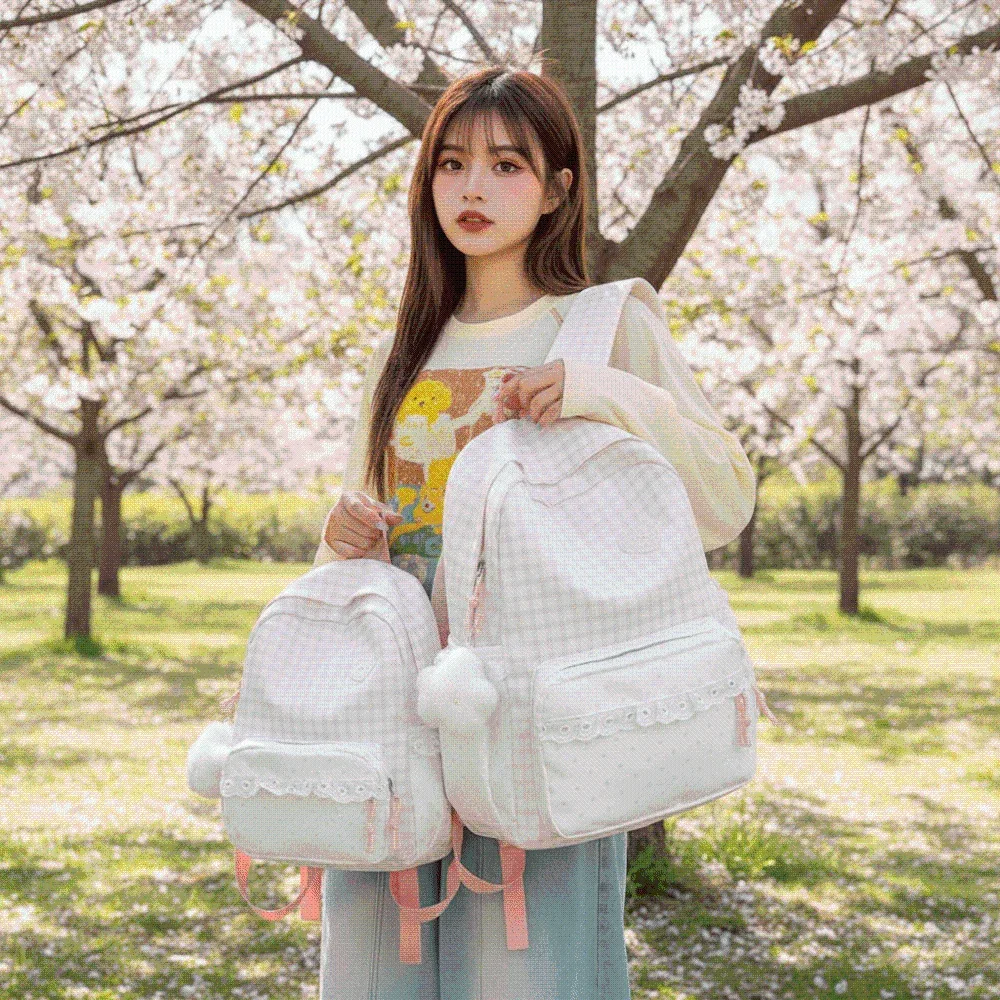 sac à dos en tissu vichy de style coréen, couleurs pastel, design à volants, sac d'école en dentelle, bretelles réglables, sac à dos à pois et à carreaux pour les voyages quotidiens.