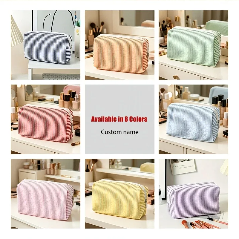 pochette à maquillage personnalisée à rayures verticales décontractées, pochette de rangement élégante et simple en tissu seersucker, sac de voyage léger et spacieux pour cosmétiques