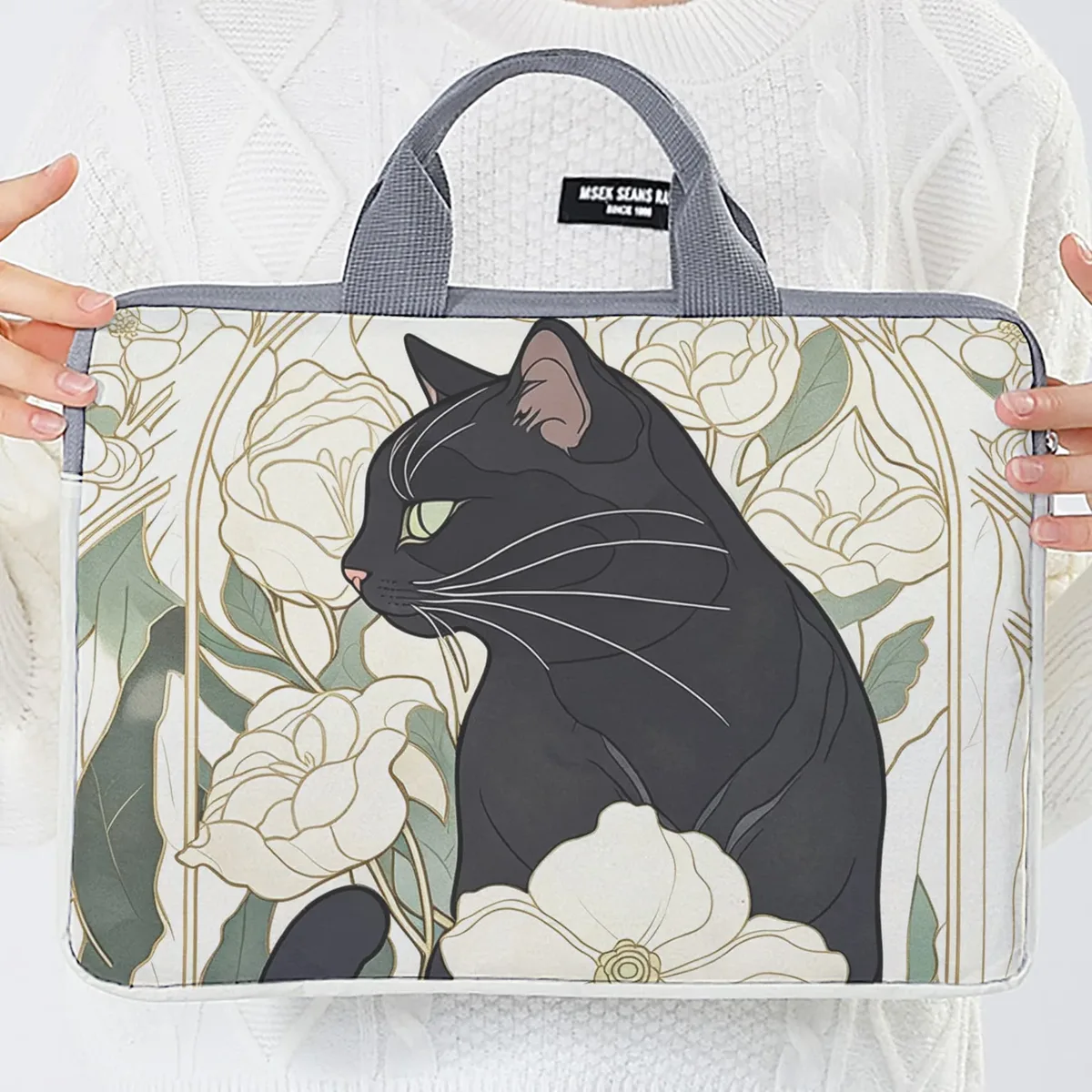 1 pièce, deux styles, sac pour ordinateur portable imprimé motif camélia et chat noir, housse souple en tissu pour ordinateur portable, convient aux ordinateurs portables de 14 pouces