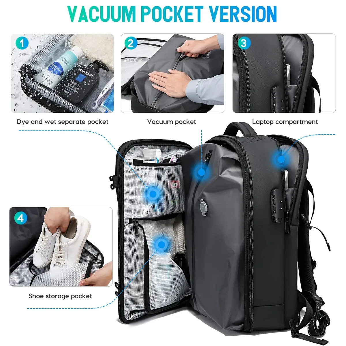 bange anti-vol hommes voyage sac à dos compression sous vide 15.6 pouces sac à dos pour ordinateur portable pour affaires sac d'école pack randonnée sacs à dos