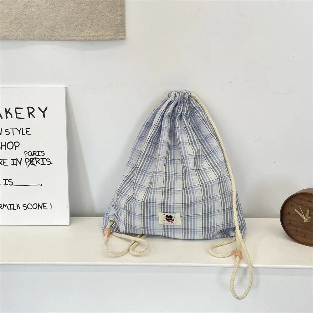 sac à dos d'été pour femmes, sac à dos à deux épaules avec cordon de serrage, sac à dos kawaii pour adolescentes, sac à dos coréen en toile ultra légère à carreaux