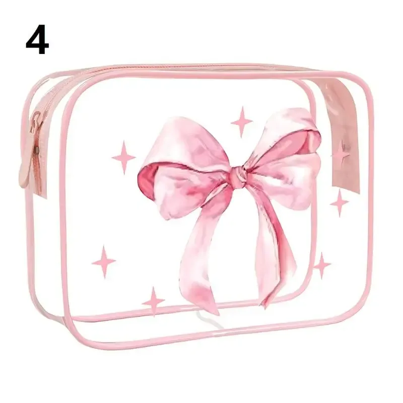 ● 1pcs pochette en nylon pvc imperméable à imprimé nœud mignon, sac à maquillage transparent, pochette zippée pour articles de toilette, sacs cosmétiques