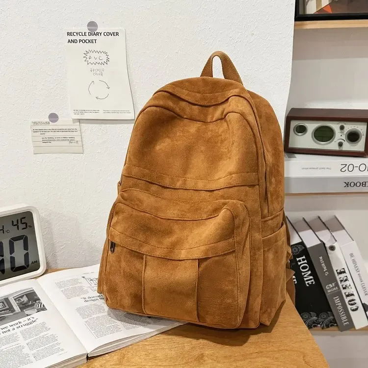 Sac à dos vintage en daim, sac à dos décontracté multi-poches, sac à dos rétro pour ordinateur portable et école, pour le collège