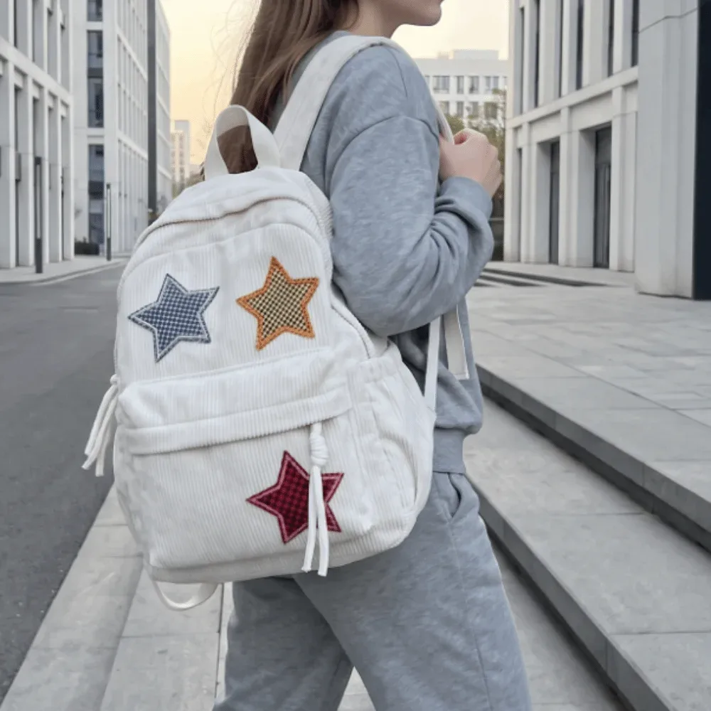 sac à dos en velours côtelé motif étoile, léger, en tissu doux, sac à dos scolaire coloré, grande capacité, sac de voyage pour l'extérieur