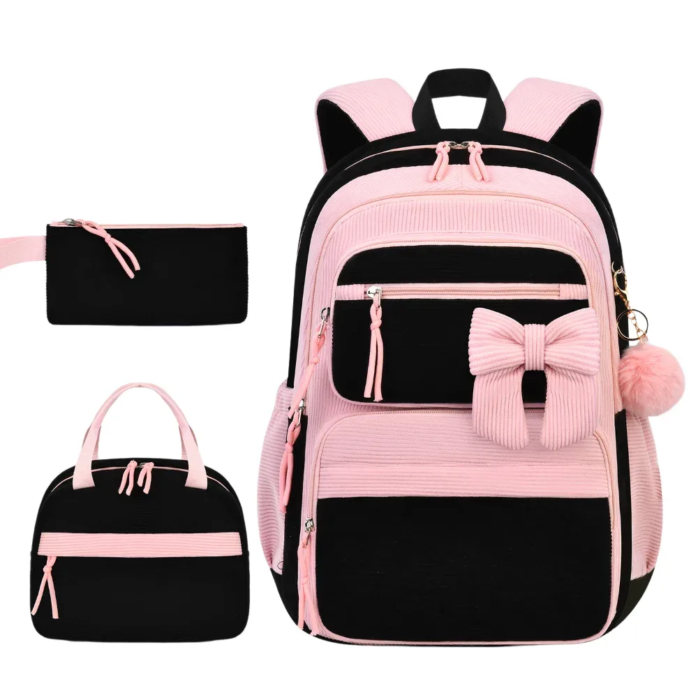 ensemble de 3 pièces : sac à dos, sac à lunch et trousse à crayons en velours côtelé, grande capacité, avec nœud décoratif, 4 couleurs, léger.