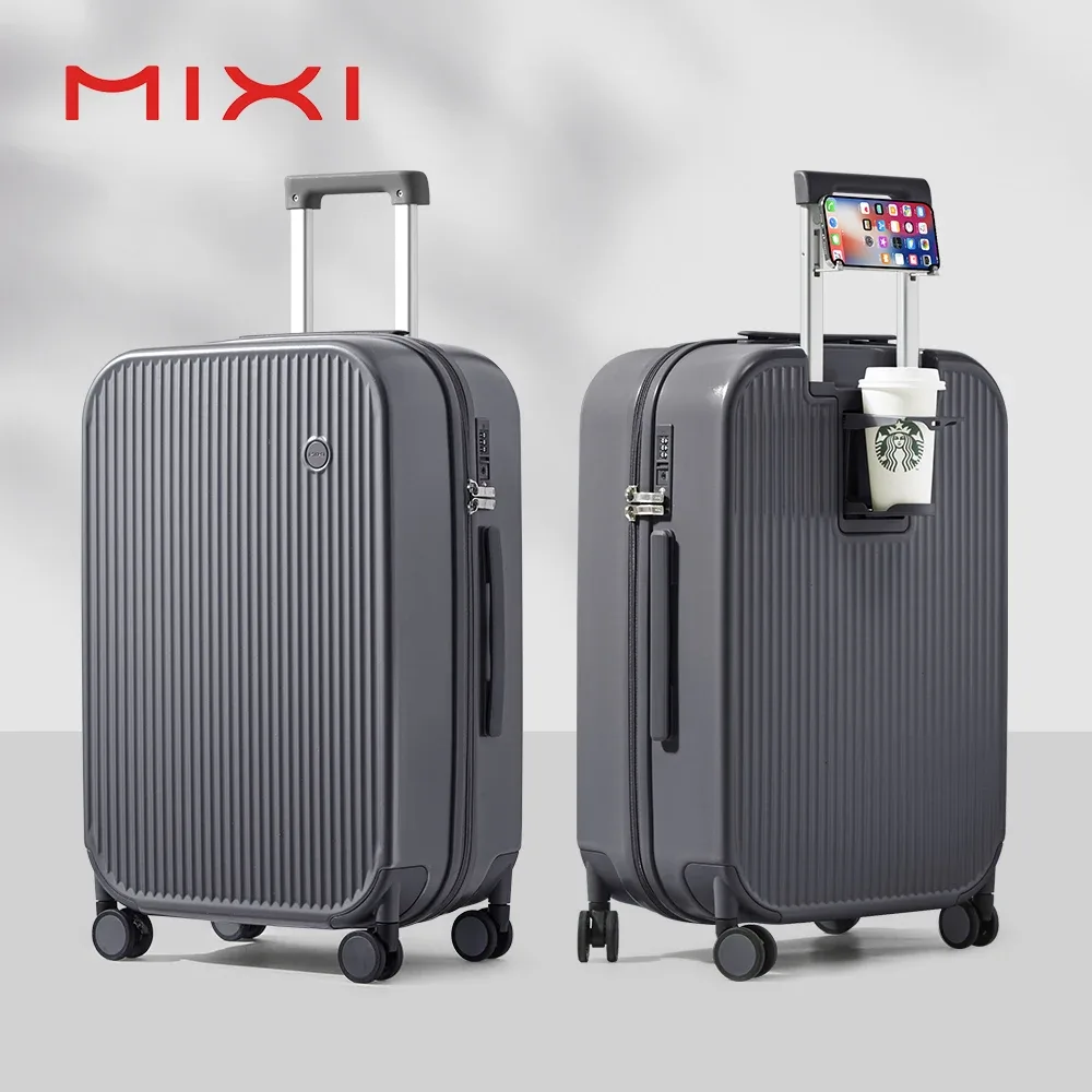 mixi nouveau design valise bagage à main avec tasse support pour téléphone coque rigide bagage roulant pc spinner roues boîtier de chariot