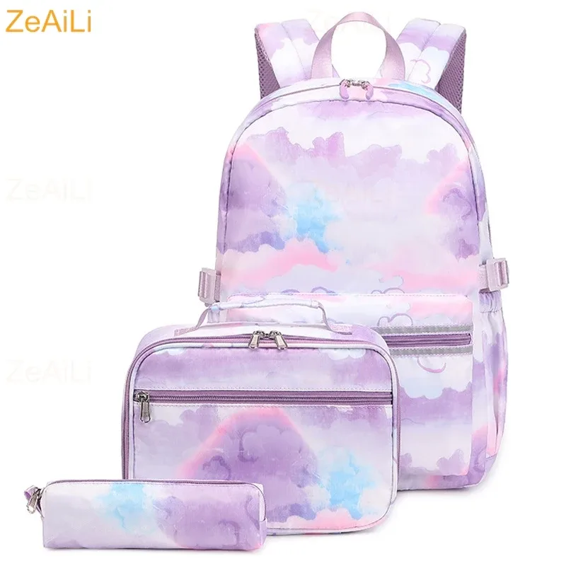 lot de 3 sacs à dos mignons pour étudiants et adolescents, motif patte de chien et chat, couleur violette, avec sac à déjeuner, sac de voyage coloré, sacs d'école pour garçons et filles, ensembles de mochilas