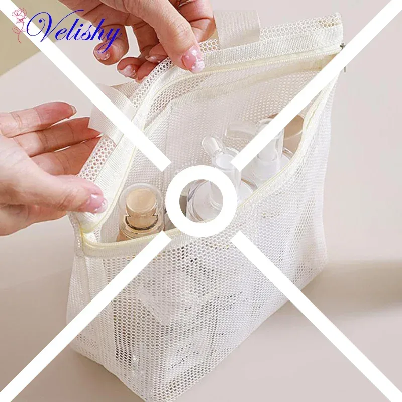 Sacs de rangement de maquillage et de toilette en maille, sacs à main portables de voyage, lavage du corps, outils de douche, organisateur suspendu, pochette de rangement de cosmétiques