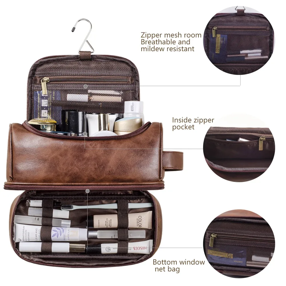 grands sacs de voyage cosmétiques de toilette suspendus pour hommes et femmes, sacs de voyage en cuir avec crochet suspendu, sacs de rasage pour salle de bain