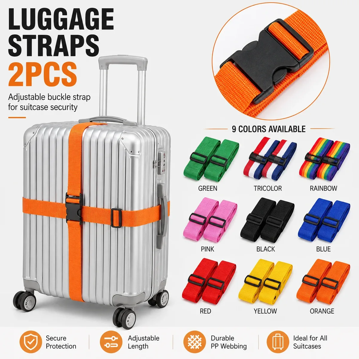 sangles de bagages droites en polyester, 2 pièces, avec boucle de déverrouillage réglable, accessoire de voyage unisexe