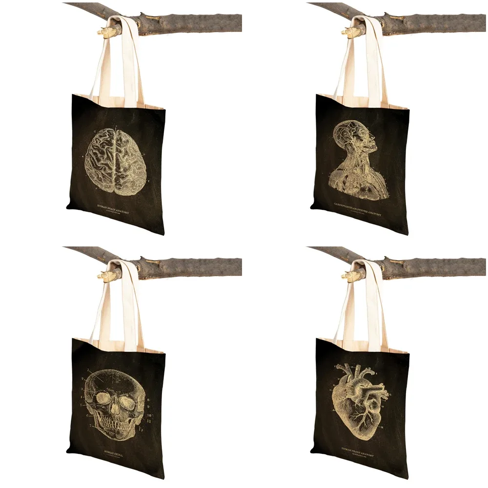 vintage squelette anatomique tableau crâne shopper sac fourre-tout dame sac à main décontracté toile coeur double impression femmes sacs à provisions