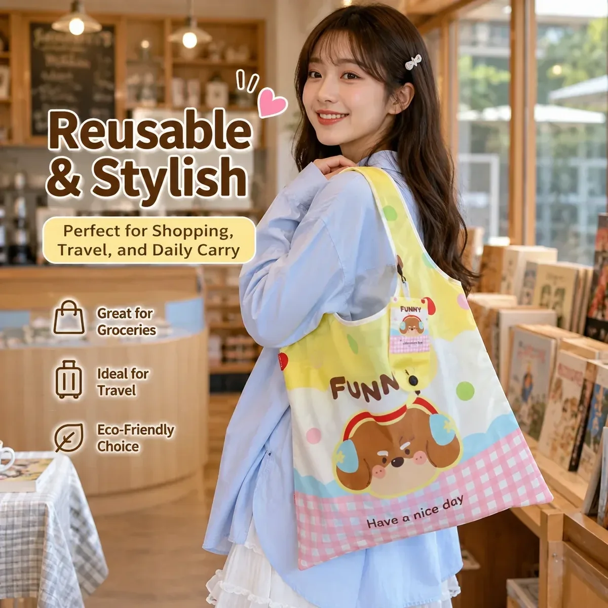 sac de shopping pliable coloré dopamine, sac écologique mignon avec poignée souple et robuste, sac de rangement de voyage polyvalent