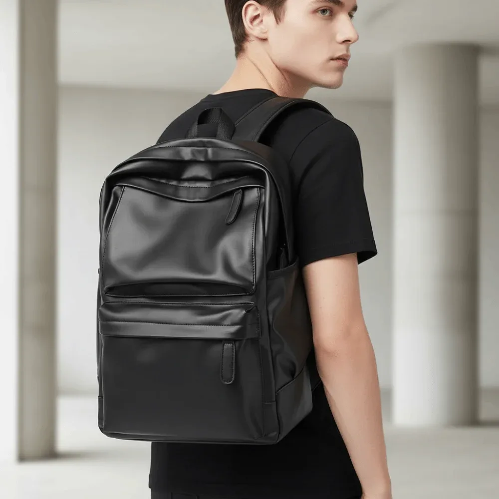 sac à dos en cuir pvc pour homme, résistant à l'eau, avec bretelles rembourrées, sac d'école pour ordinateur portable, double compartiment latéral, poche zippée cachée