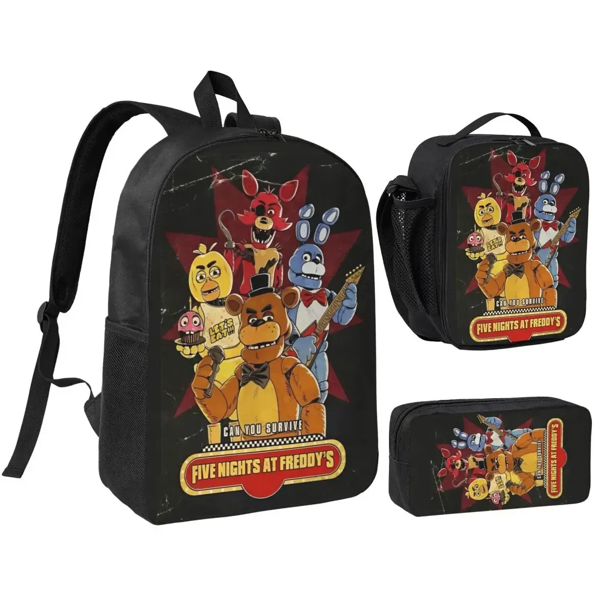 3pecs/ensemble glamrock fnaf sac à dos de jeu vidéo pour étudiant retour à l'école sacs en toile sac à déjeuner trousse à crayons