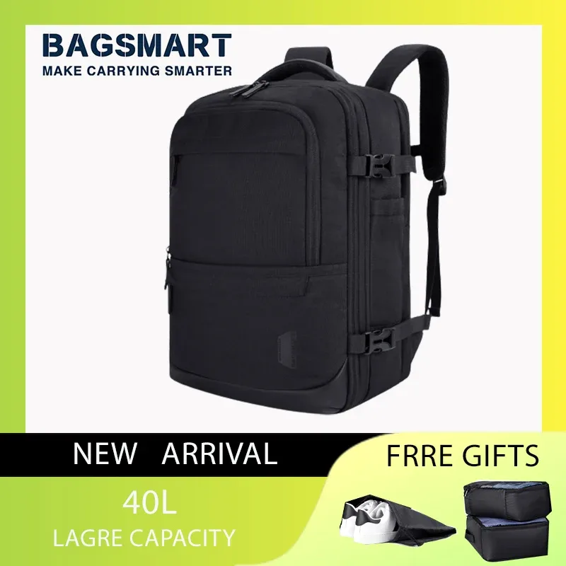 bagsmart-sac à dos pour ordinateur portable 17 en effet, cabine de voyage, sac à dos de transport extensible de 40l avec sac à chaussures, sac à dos féminin étanche, 4 pièces