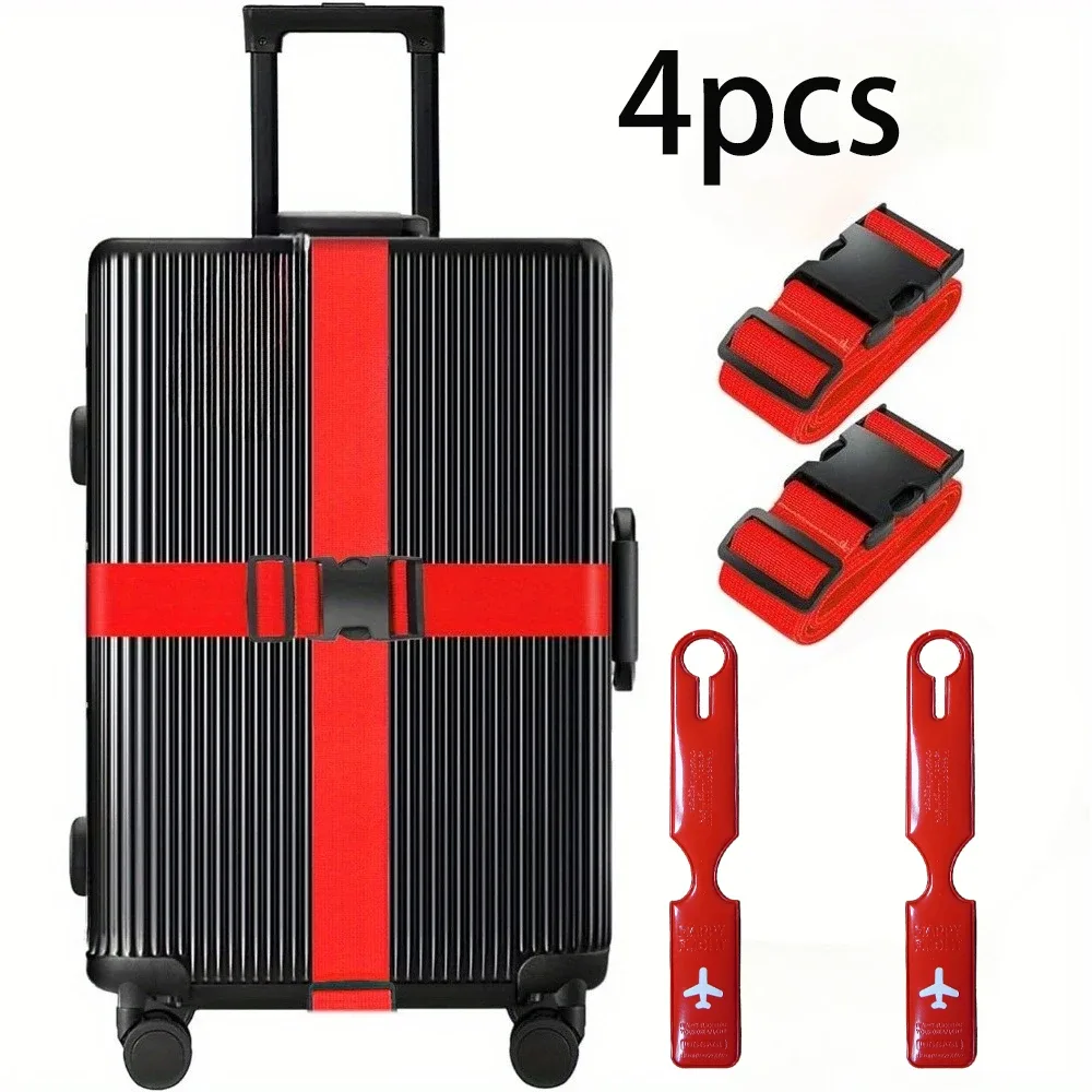 ensemble de 4 sangles de bagages + étiquettes de bagages, sangles d'emballage en nylon extra-longues de 2 m résistantes à l'usure, sangles de bagages anti-ouverture, étiquettes d'identification pour compagnies aériennes, accessoires de voyage pour les déplacements professionnels, adaptés aux voyageurs / étudiants / professionnels en déplacement, accessoires anti-ouverture pour bagages à main.