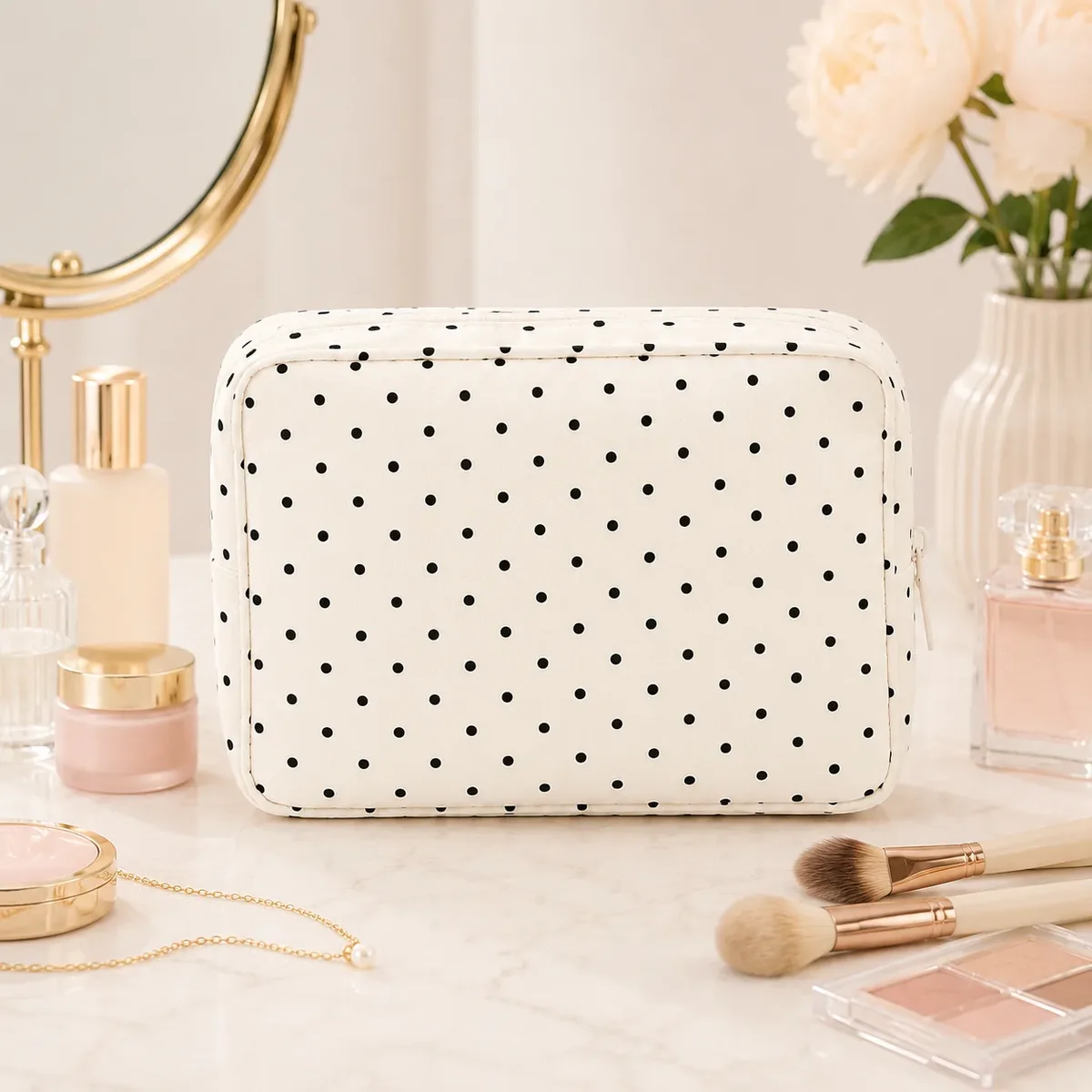 trousse de maquillage noire à pois, pochette portable grande capacité, organisateur de toilette pour femmes, essentiels de beauté quotidiens et de voyage
